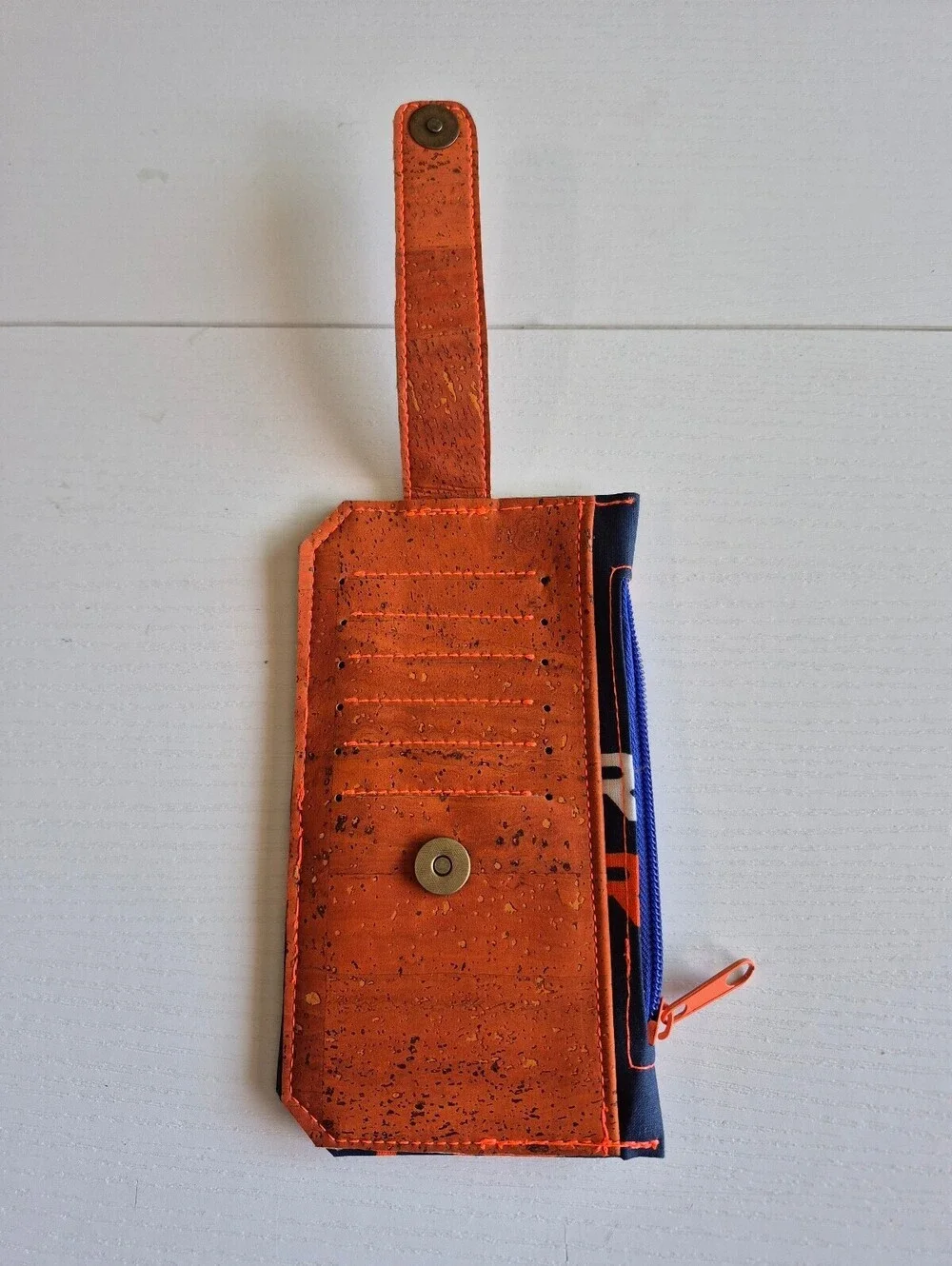 football wallet orange and blue magnetic snap tab 6 card slot wallet